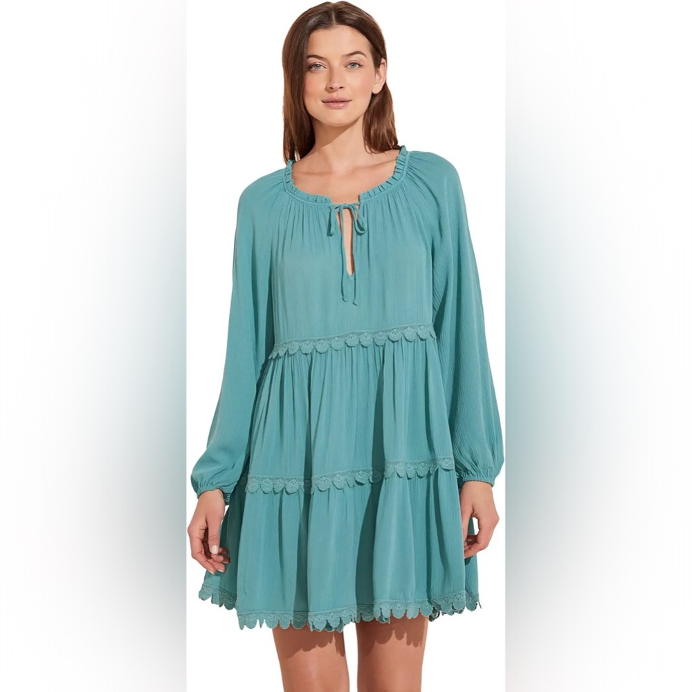 Eberjey “SOFIA” Breezy Weave Long Sleeve Tiered Cover-Up (Size L, Blue, NWT)